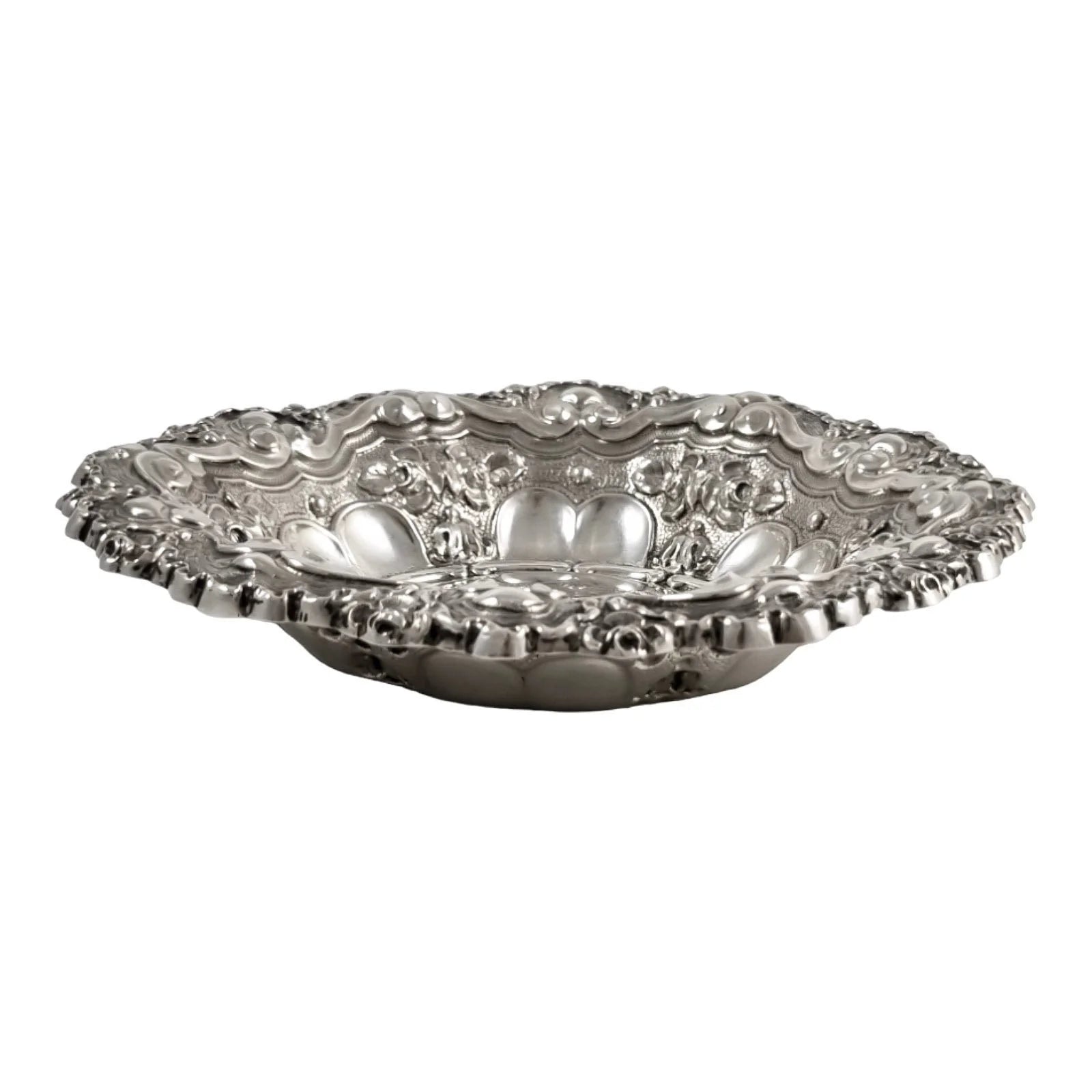 Portuguese 833 silver fruit bowl, eagle mark, scrolls, shells and flowers with Rococo repoussage, Porto