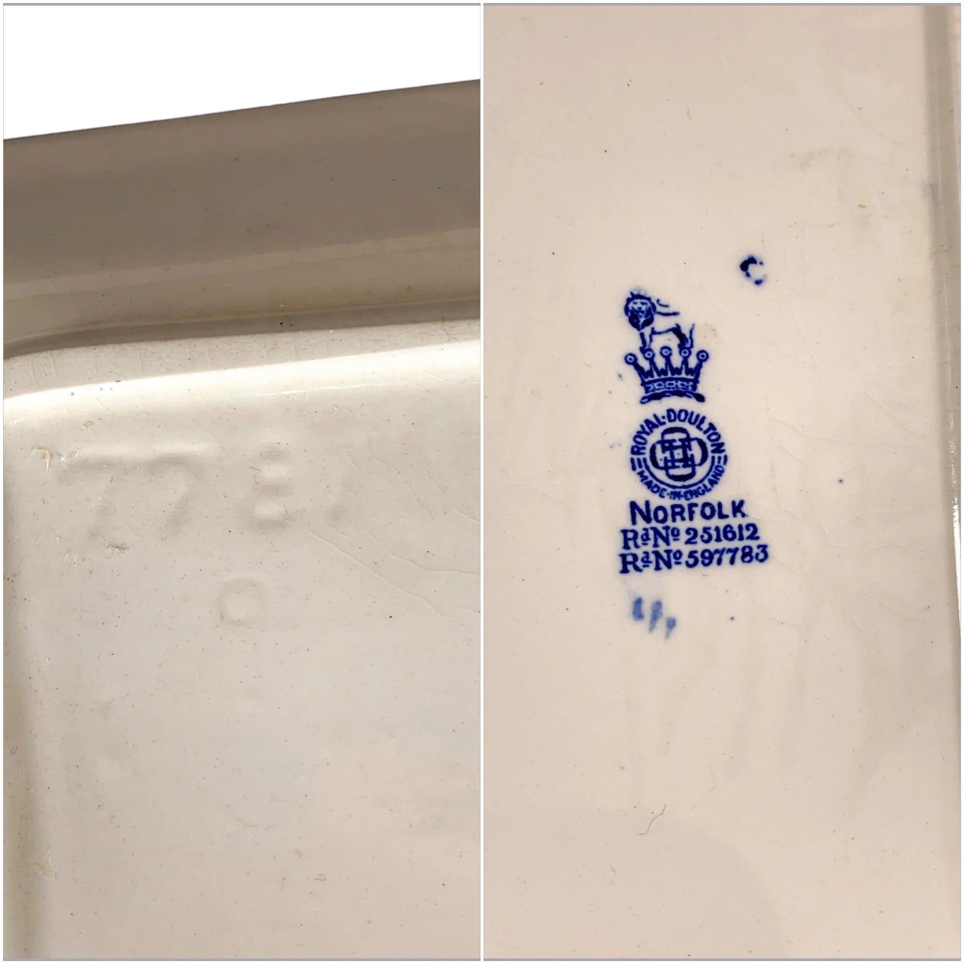 Pair of Royal Doulton serving platters, blue and white “Norfolk” windmill design, hexagonal dish