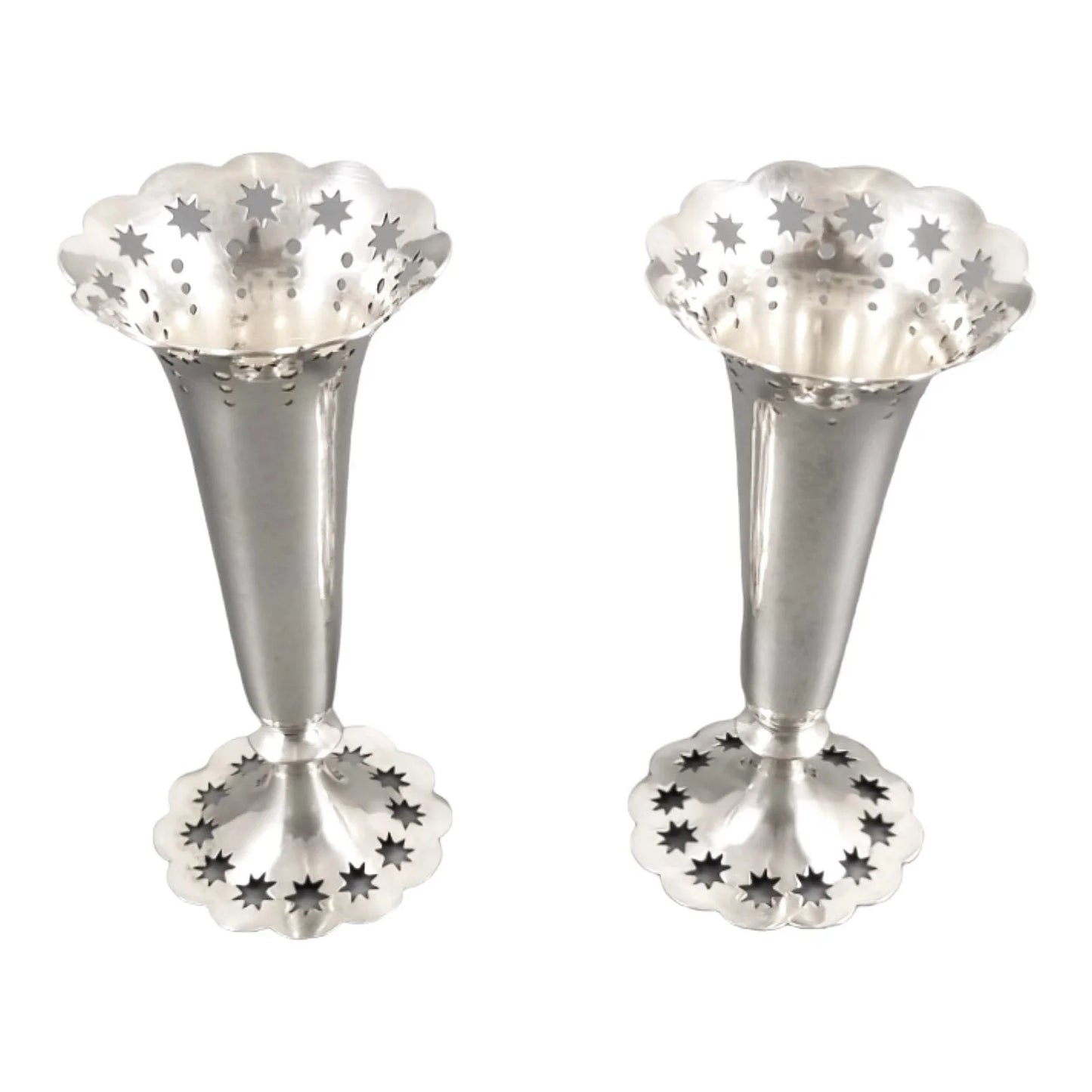 Edwardian German 835 solid silver pair of spill bud vases Bruckmann & Söhne, pierced star design