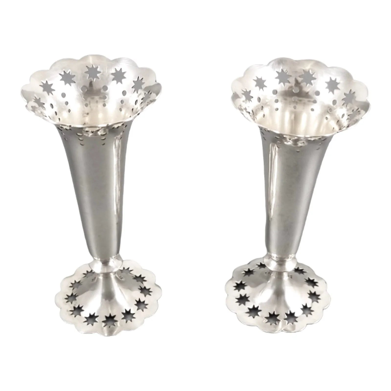 Edwardian German 835 solid silver pair of spill bud vases Bruckmann & Söhne, pierced star design