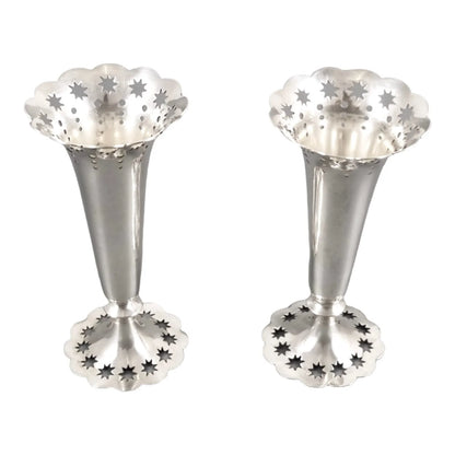 Edwardian German 835 solid silver pair of spill bud vases Bruckmann & Söhne, pierced star design