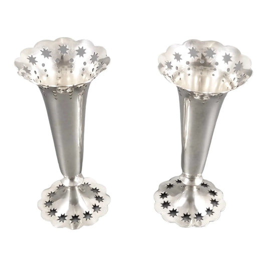 Edwardian German 835 solid silver pair of spill bud vases Bruckmann & Söhne, pierced star design
