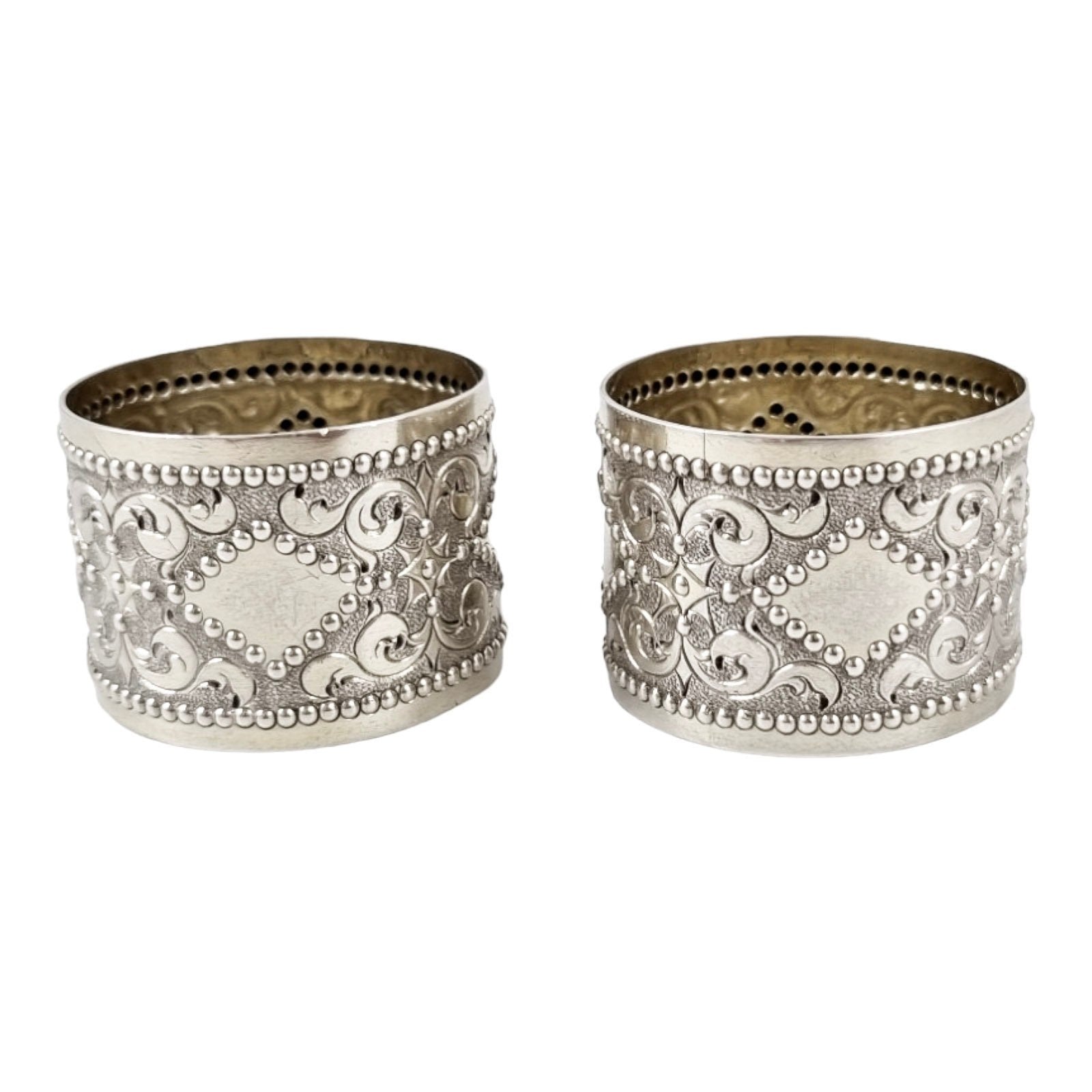 Victorian sterling silver boxed pair 2 napkin rings scrolls & beads, vacant cartouche, William Hunter 1876