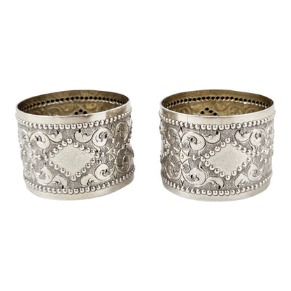 Victorian sterling silver boxed pair 2 napkin rings scrolls & beads, vacant cartouche, William Hunter 1876
