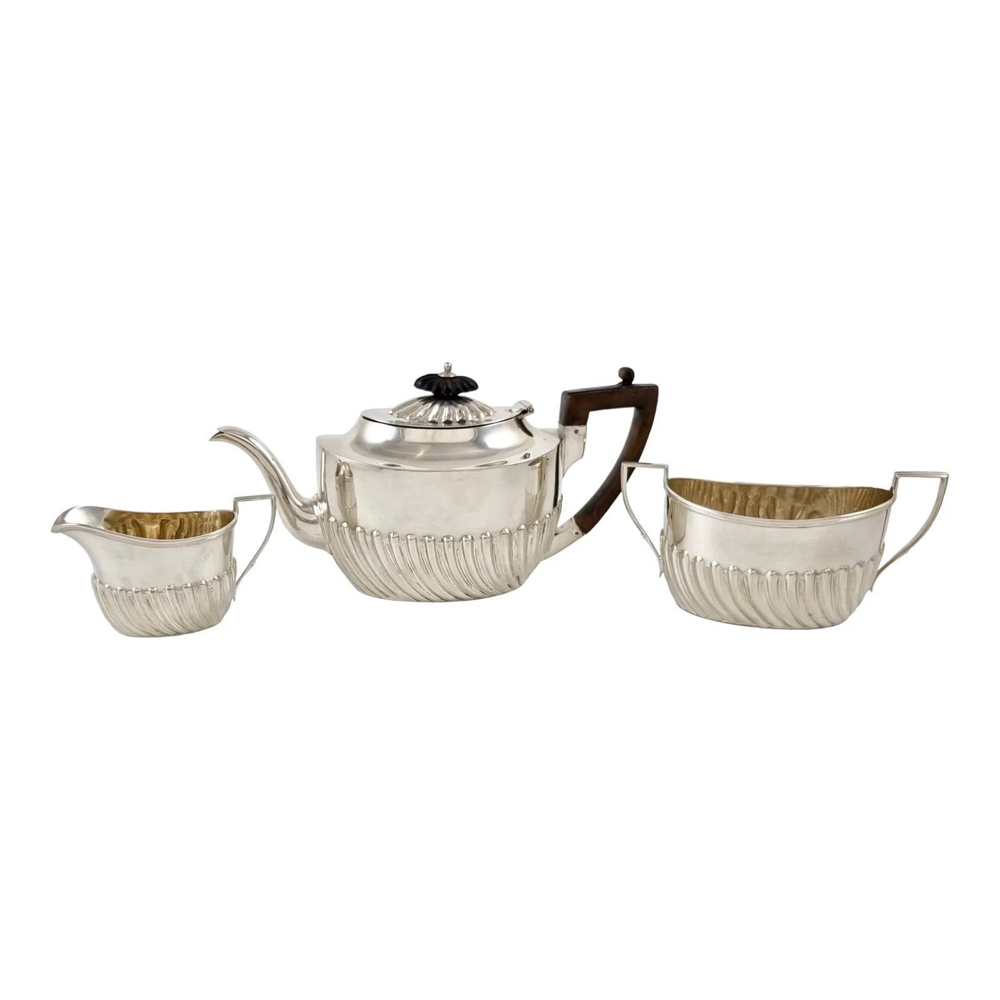 Victorian sterling silver bachelor tea set with reeded oval bodies, Harrison Brothers