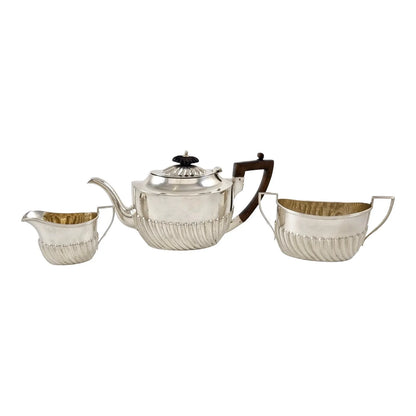 Victorian sterling silver bachelor tea set with reeded oval bodies, Harrison Brothers