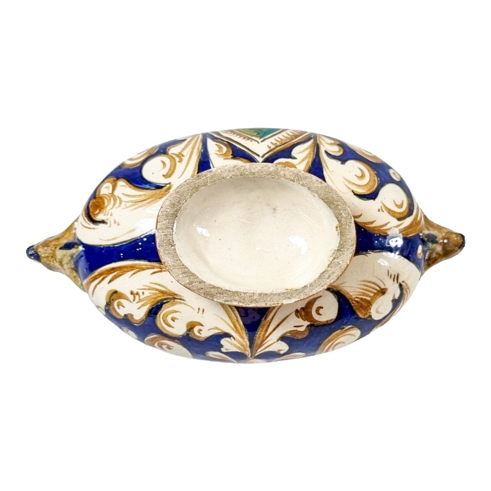 Antique Italian pottery majolica baluster bowl with Renaissance sea monster dolphin handles