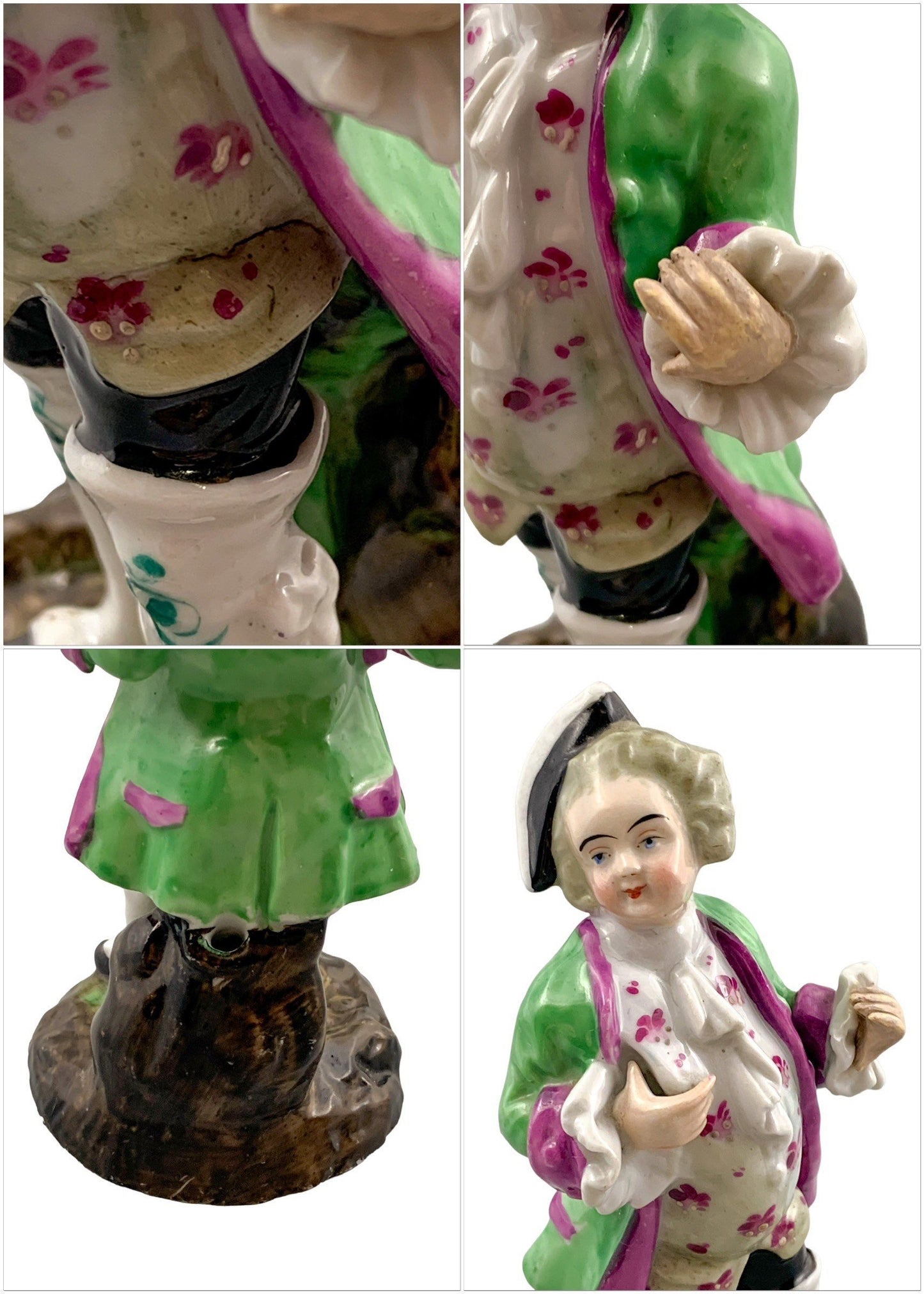 Victorian set of 3 German porcelain figurines – Regency dandy, fruit seller and musician