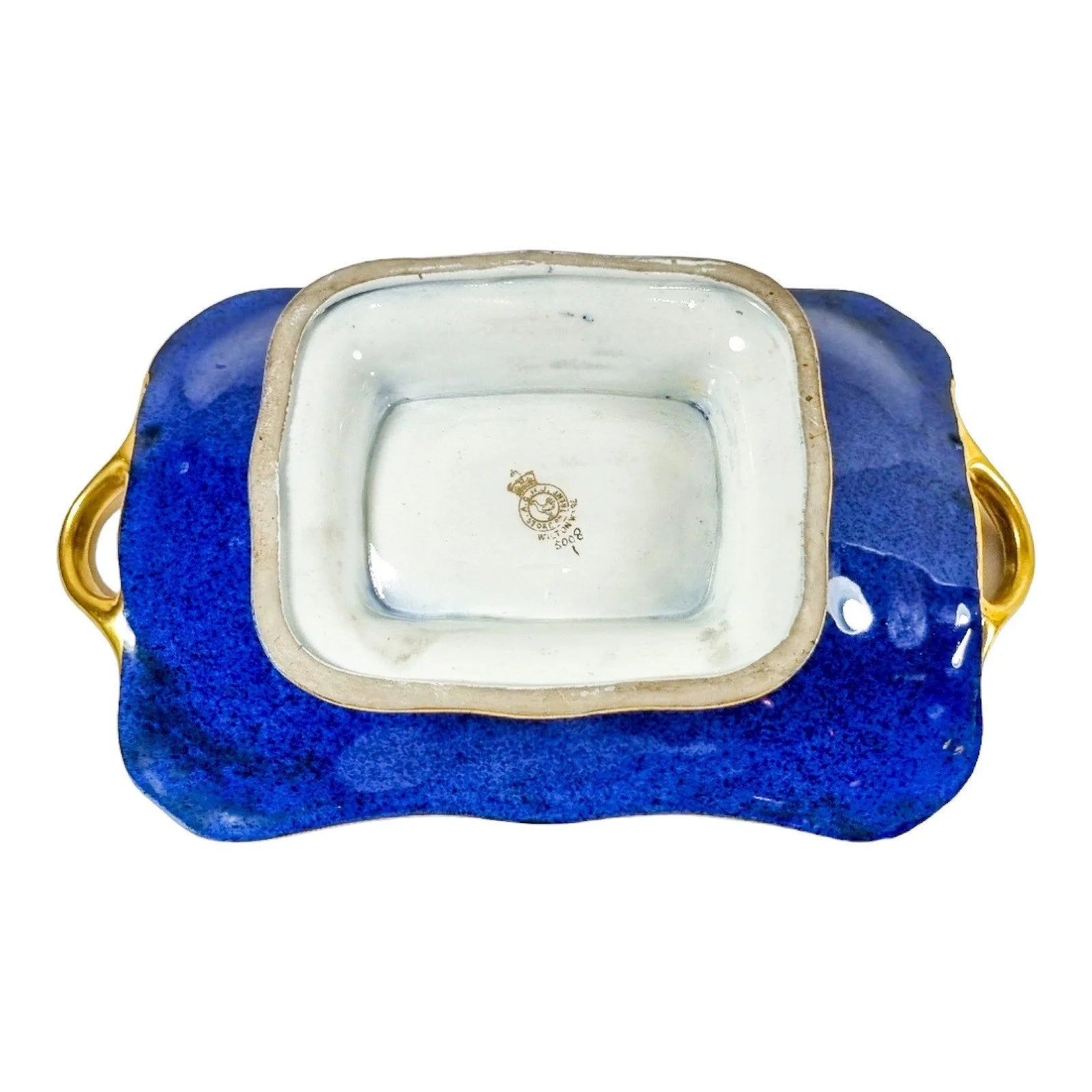 Art Deco Wilton Ware centrepiece two-handled oblong bowl, AG Harley Jones gold and cobalt blue Chinoiserie 5008