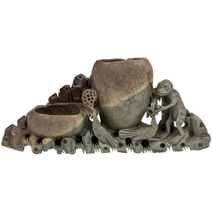 Chinese Republic soapstone calligraphy figural brush washer and brush pot with monkeys, birds, fish, figurine