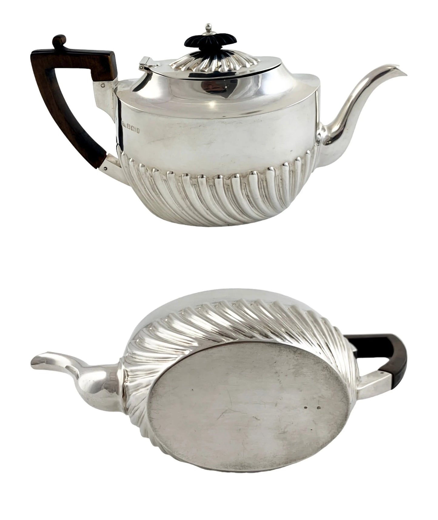 Victorian sterling silver bachelor tea set with reeded oval bodies, Harrison Brothers