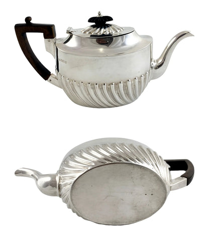 Victorian sterling silver bachelor tea set with reeded oval bodies, Harrison Brothers