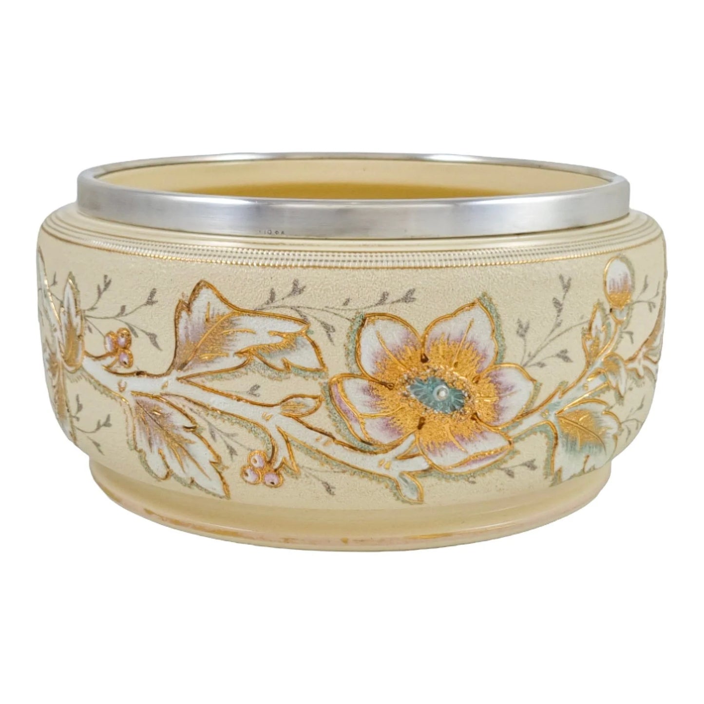 Victorian Taylor Tunnicliffe & Co pottery “Patent Brocade” Art Nouveau large floral fruit bowl with silver plated rim