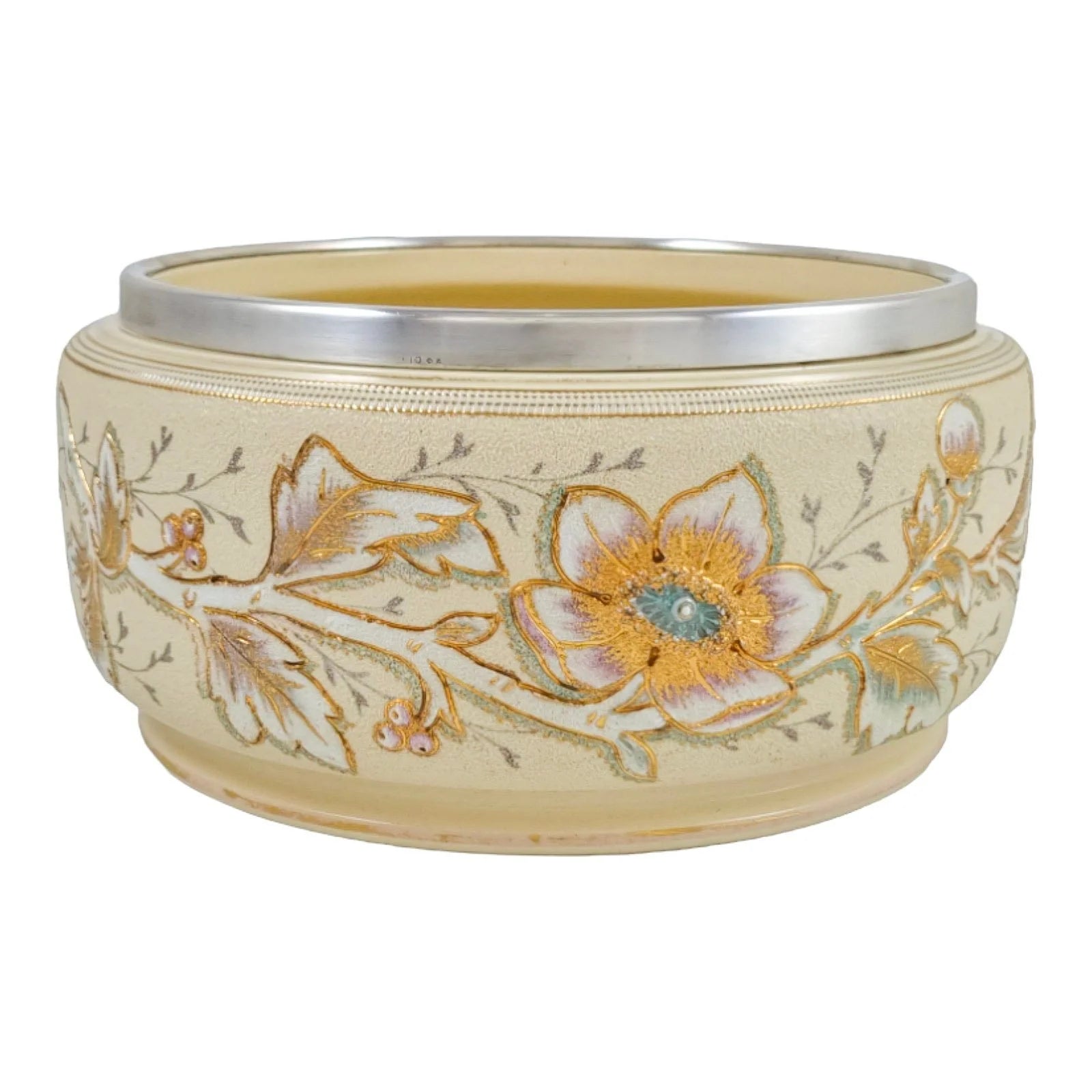 Victorian Taylor Tunnicliffe & Co pottery “Patent Brocade” Art Nouveau large floral fruit bowl with silver plated rim