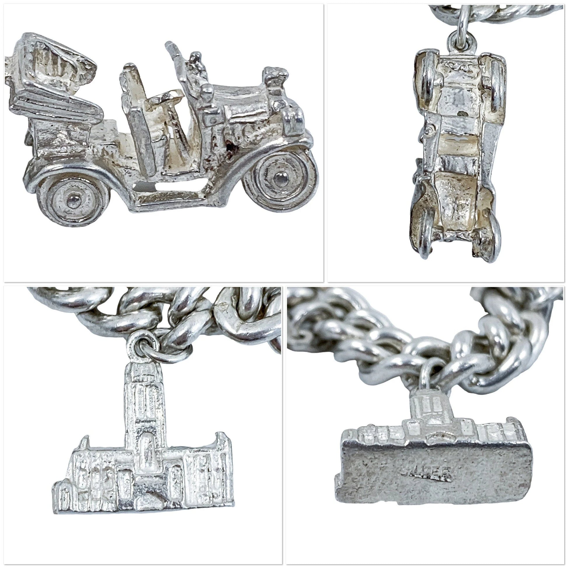 Vintage 1973 sterling silver charm bracelet with 11 charms and heart padlock, bear, car, rocking chair, surfer