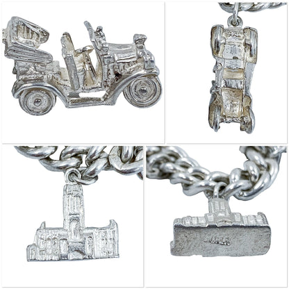 Vintage 1973 sterling silver charm bracelet with 11 charms and heart padlock, bear, car, rocking chair, surfer
