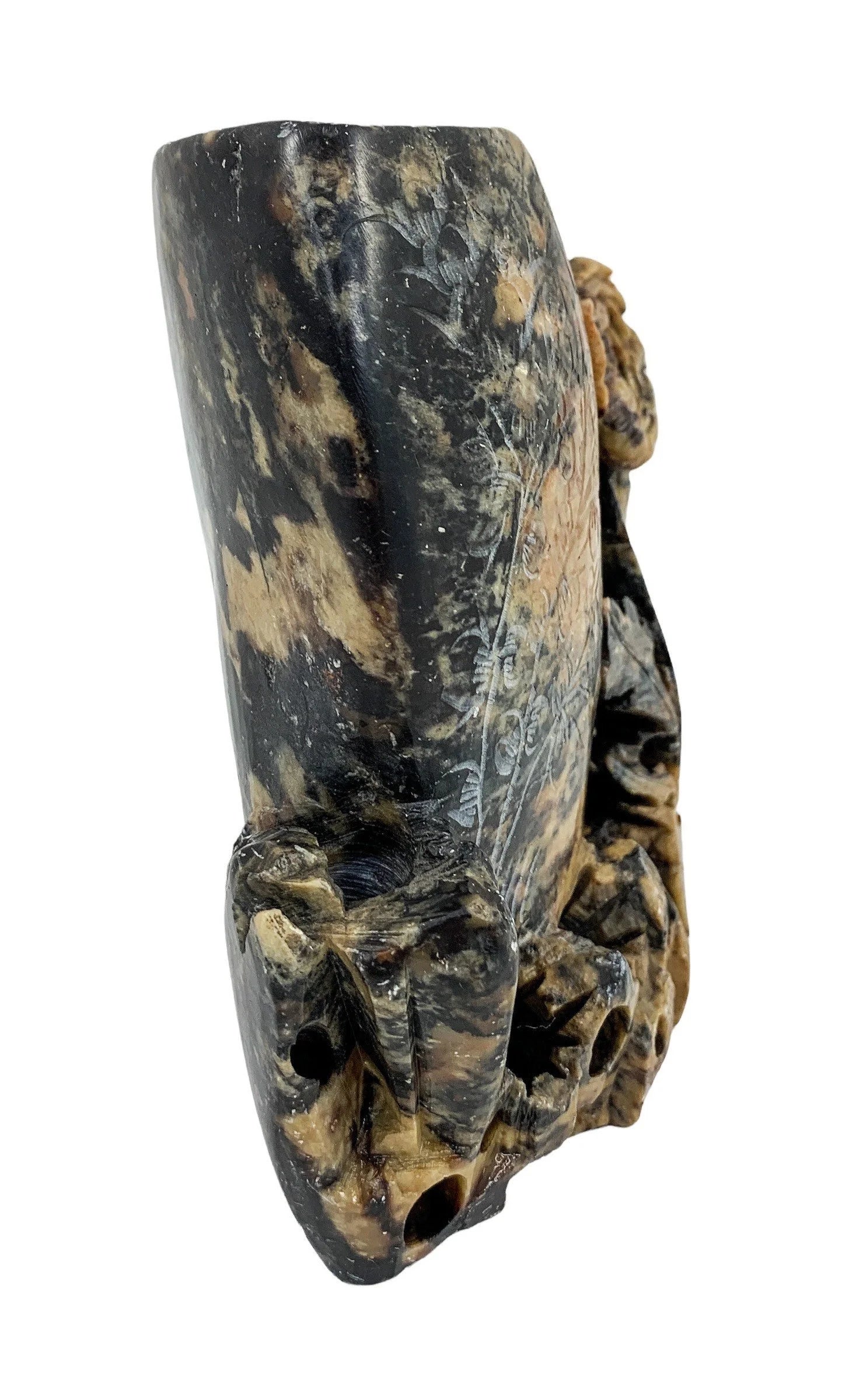 Chinese Republic yellow black soapstone calligraphy double brush pot figurine with flowers