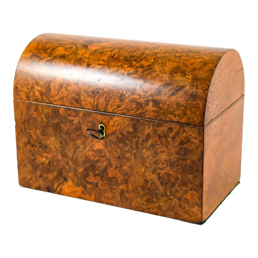 Victorian burr walnut two-section domed tea caddy with working key