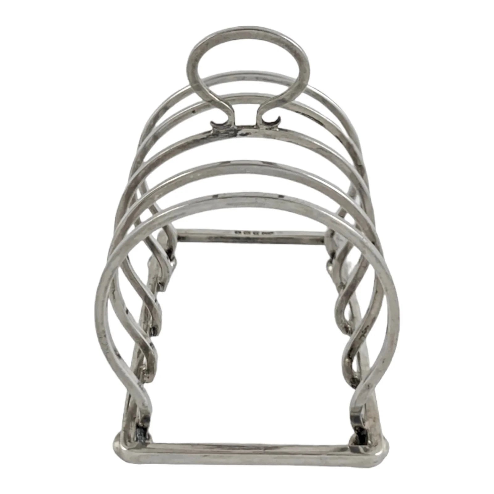 George V round sterling silver 4 slot 5 bar toast rack raised on bun feet, Walker & Hall