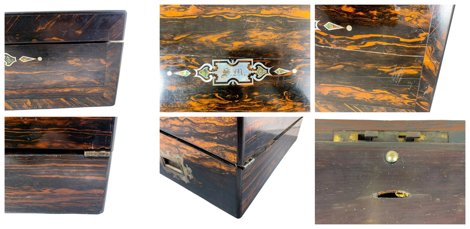 Victorian huge coromandel writing slope mother-of-pearl inlay, fitted handles