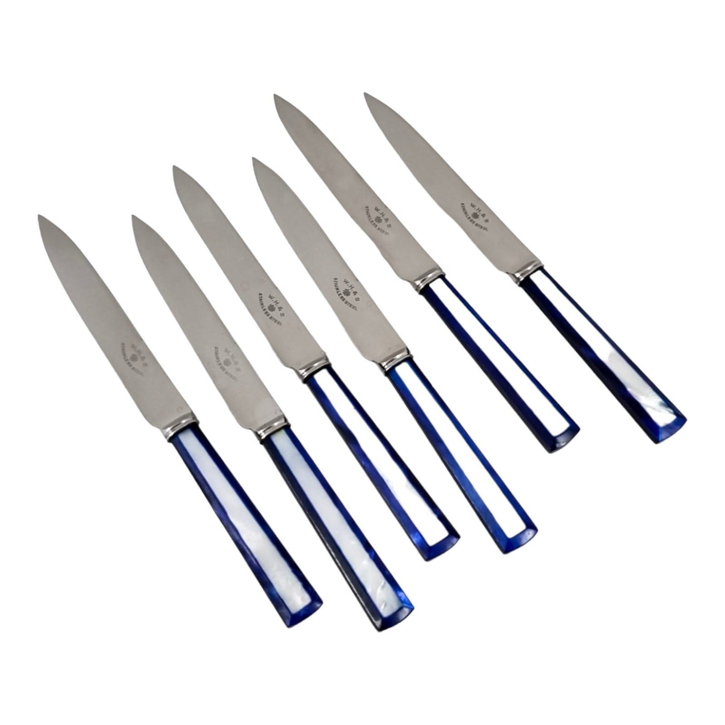 Art Deco two-tone blue mother-of-pearl tea butter knives set for 6, William Hutton & Sons