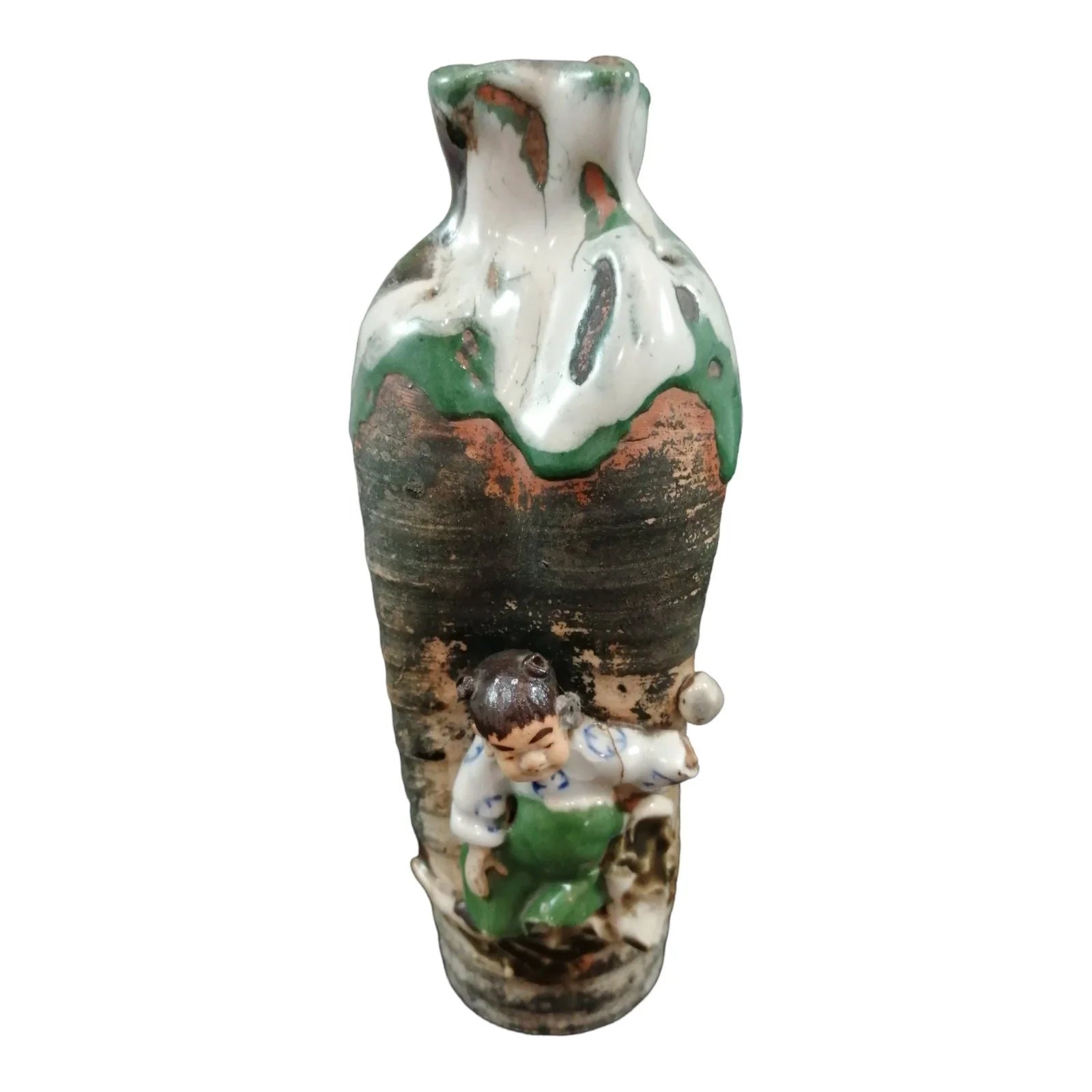 Meiji period Ishiguro Koko Sumidagawa flowing glaze vase with applied figure of a boy