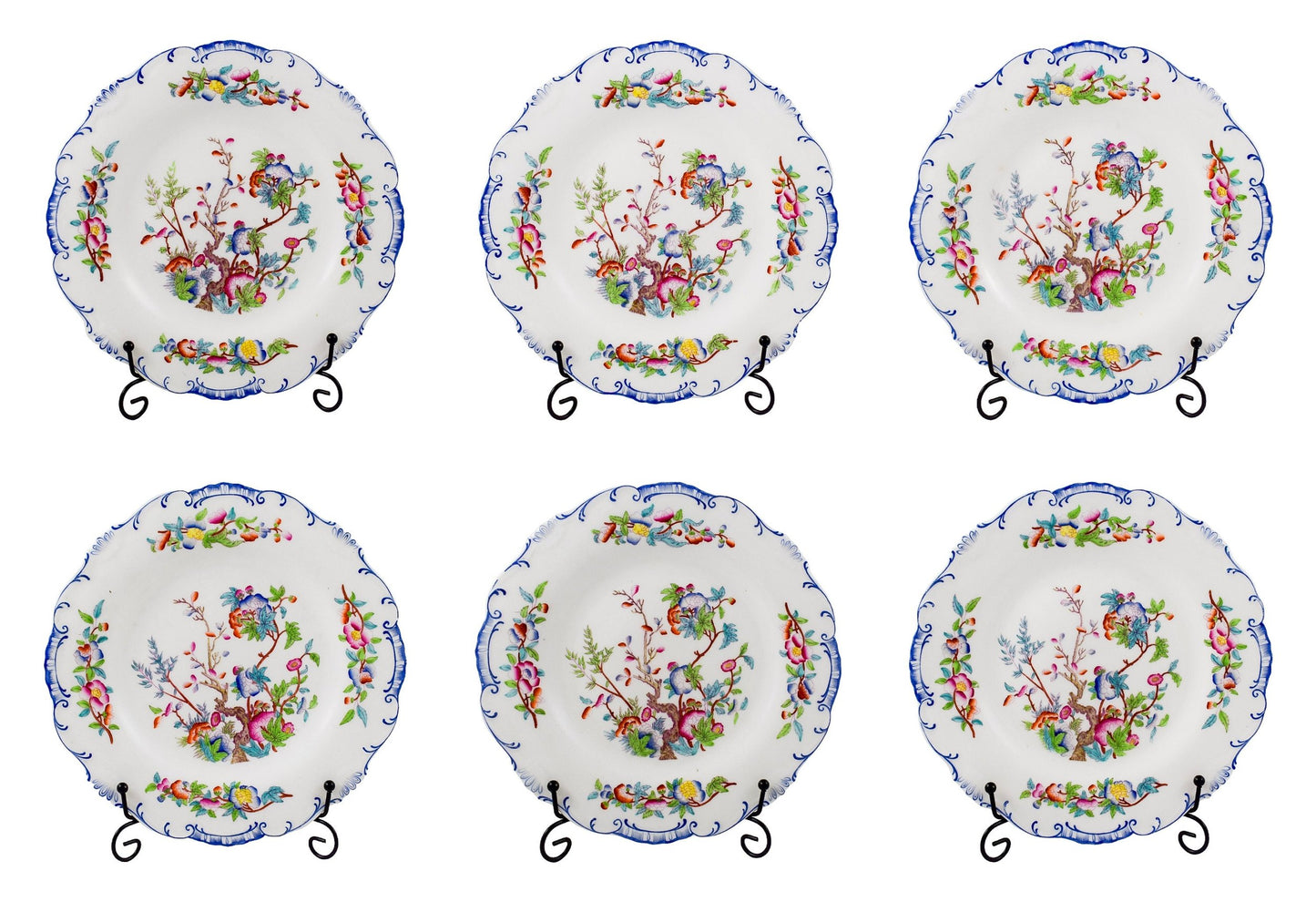 Set of six Victorian Minton porcelain Chinoiserie Indian tree dessert plates, scalloped moulded edges