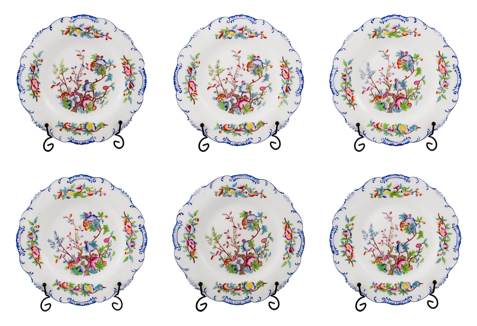 Set of six Victorian Minton porcelain Chinoiserie Indian tree dessert plates, scalloped moulded edges