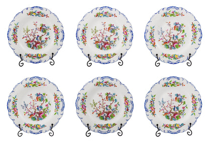 Set of six Victorian Minton porcelain Chinoiserie Indian tree dessert plates, scalloped moulded edges