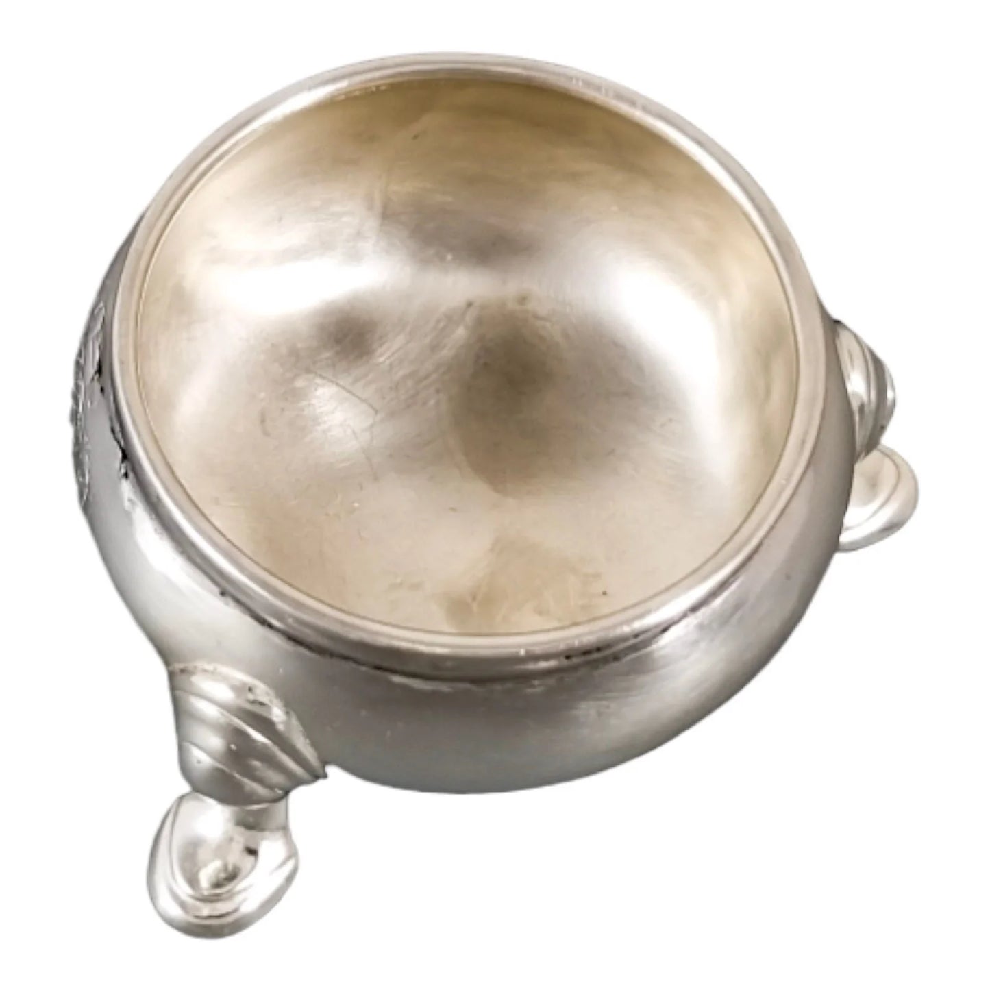 George II sterling silver large tripod salt cauldron on hoof feet, armorial family crest, 1735