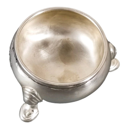 George II sterling silver large tripod salt cauldron on hoof feet, armorial family crest, 1735
