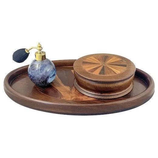 Dressing table Brazilian wood inlaid tray, marquetry jewellery box and Caithness perfume atomiser