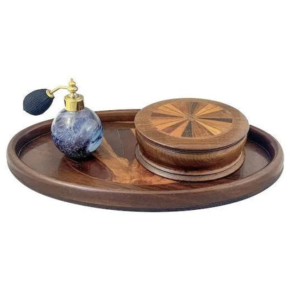 Dressing table Brazilian wood inlaid tray, marquetry jewellery box and Caithness perfume atomiser
