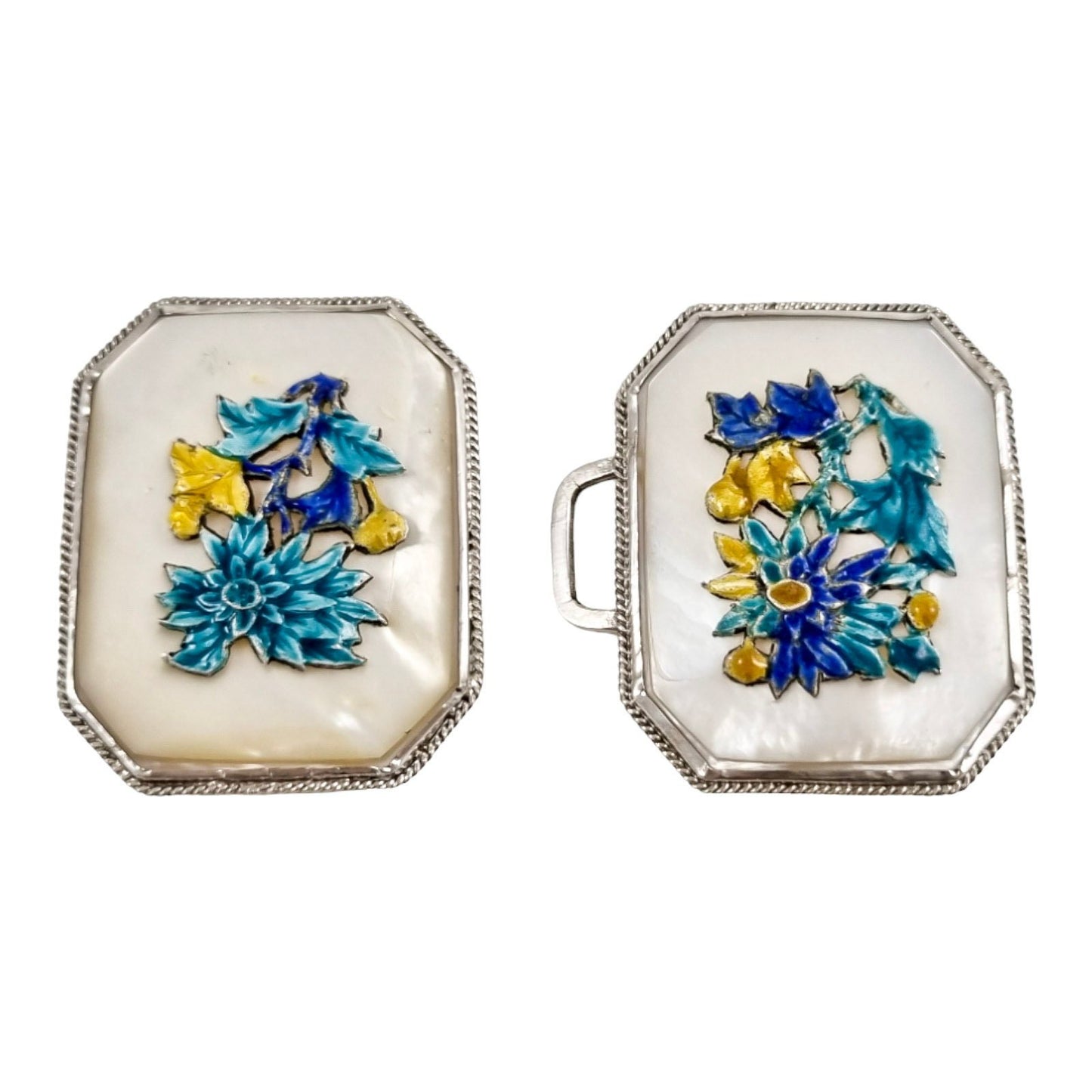 Antique Chinese export silver, enamel and mother-of-pearl large belt buckle, applied chrysanthemum flowers