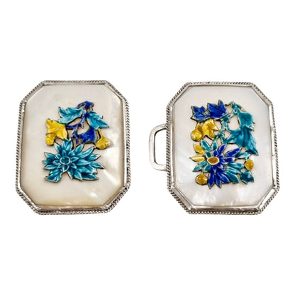 Antique Chinese export silver, enamel and mother-of-pearl large belt buckle, applied chrysanthemum flowers
