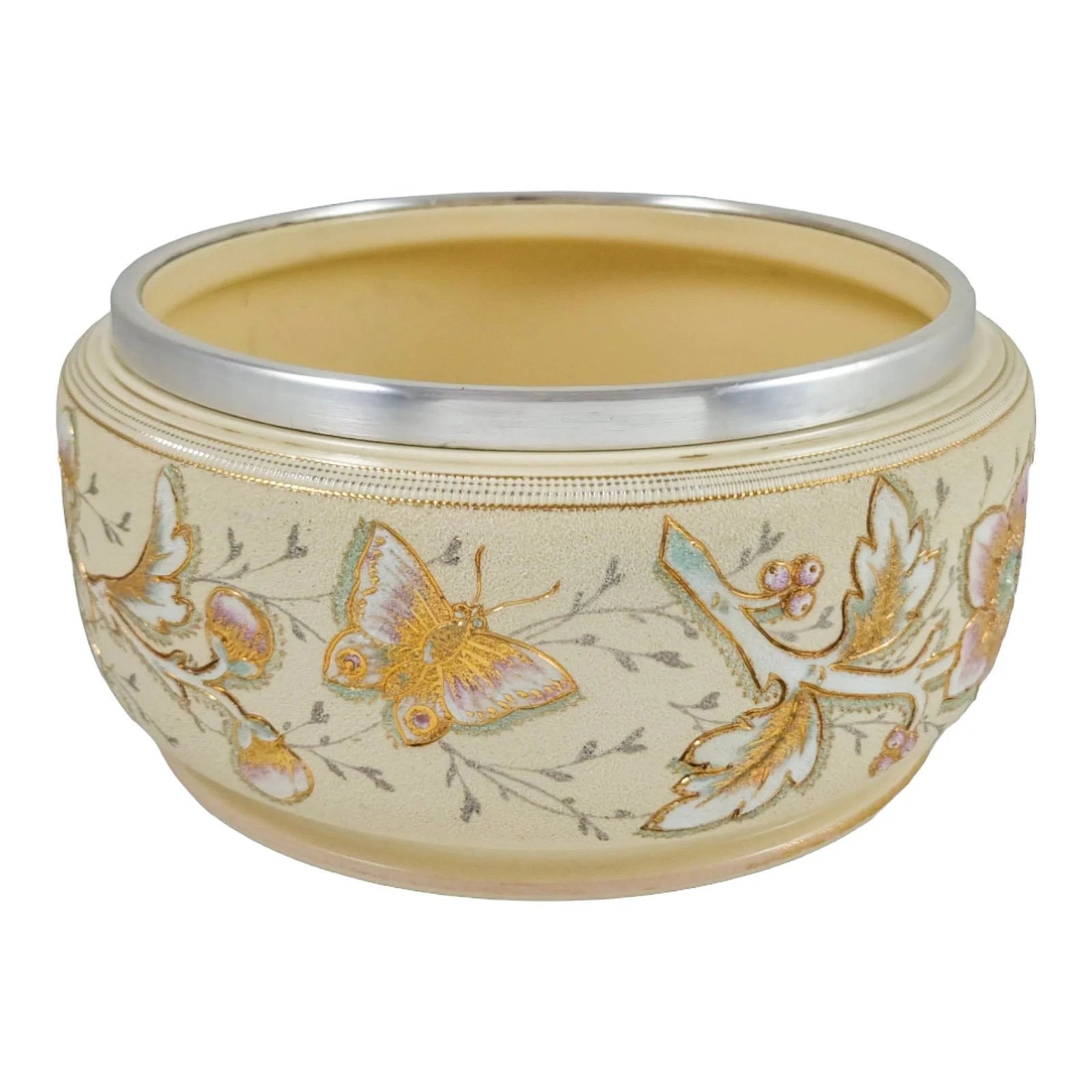 Victorian Taylor Tunnicliffe & Co pottery “Patent Brocade” Art Nouveau large floral fruit bowl with silver plated rim