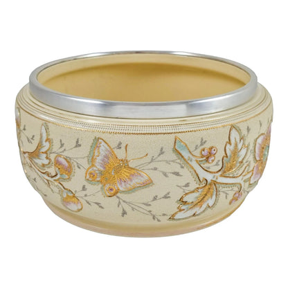 Victorian Taylor Tunnicliffe & Co pottery “Patent Brocade” Art Nouveau large floral fruit bowl with silver plated rim