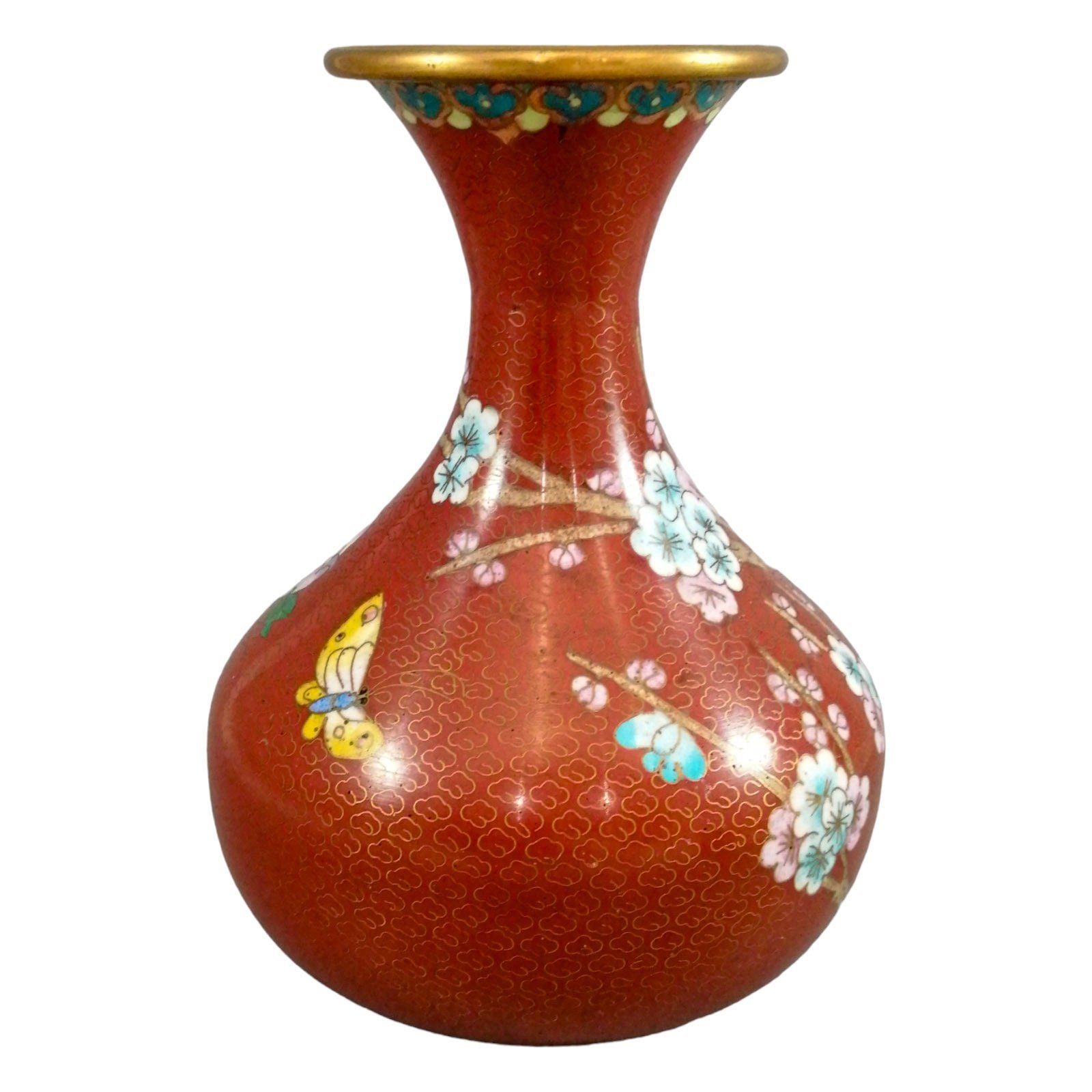 Vintage Chinese burnt red cloisonné bottle vase, pink and blue dogwood flowers