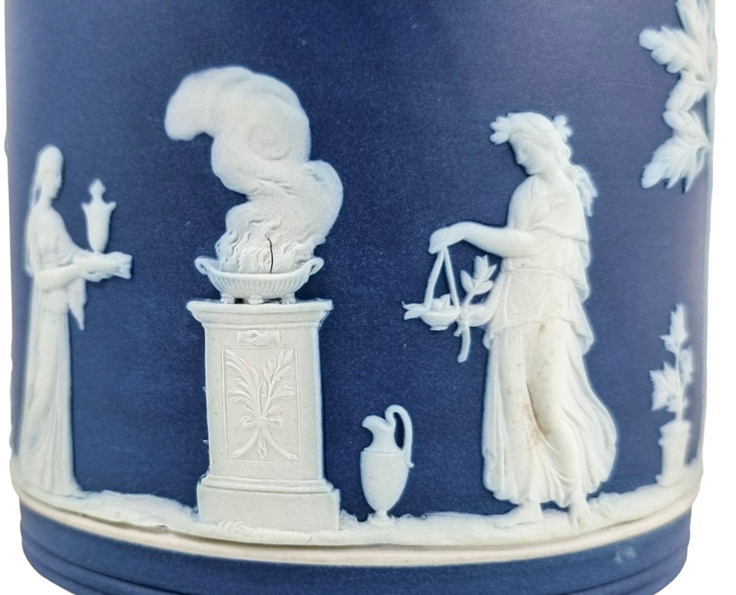 Victorian Wedgwood cobalt blue Jasperware Neoclassical biscuit barrel, silver plate mounts