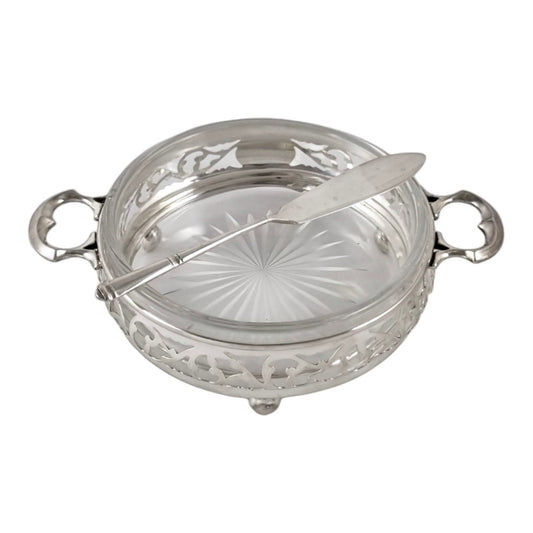 Edwardian Canadian Roden Bros sterling silver pierced butter / caviar dish and knife
