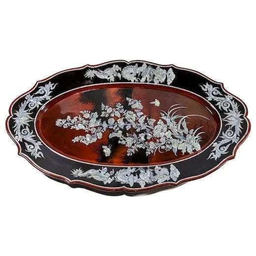 Huge vintage Asian lacquerware fluted tray inlaid with mother-of-pearl flowers, dragons, birds and butterflies
