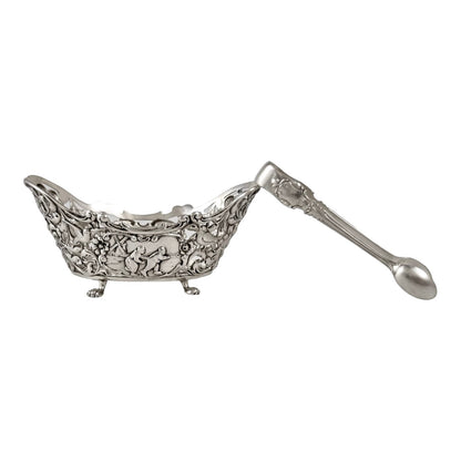 Bijkamp & Co Dutch silver bon bon pierced basket lion paw feet, village scenes and sugar tongs