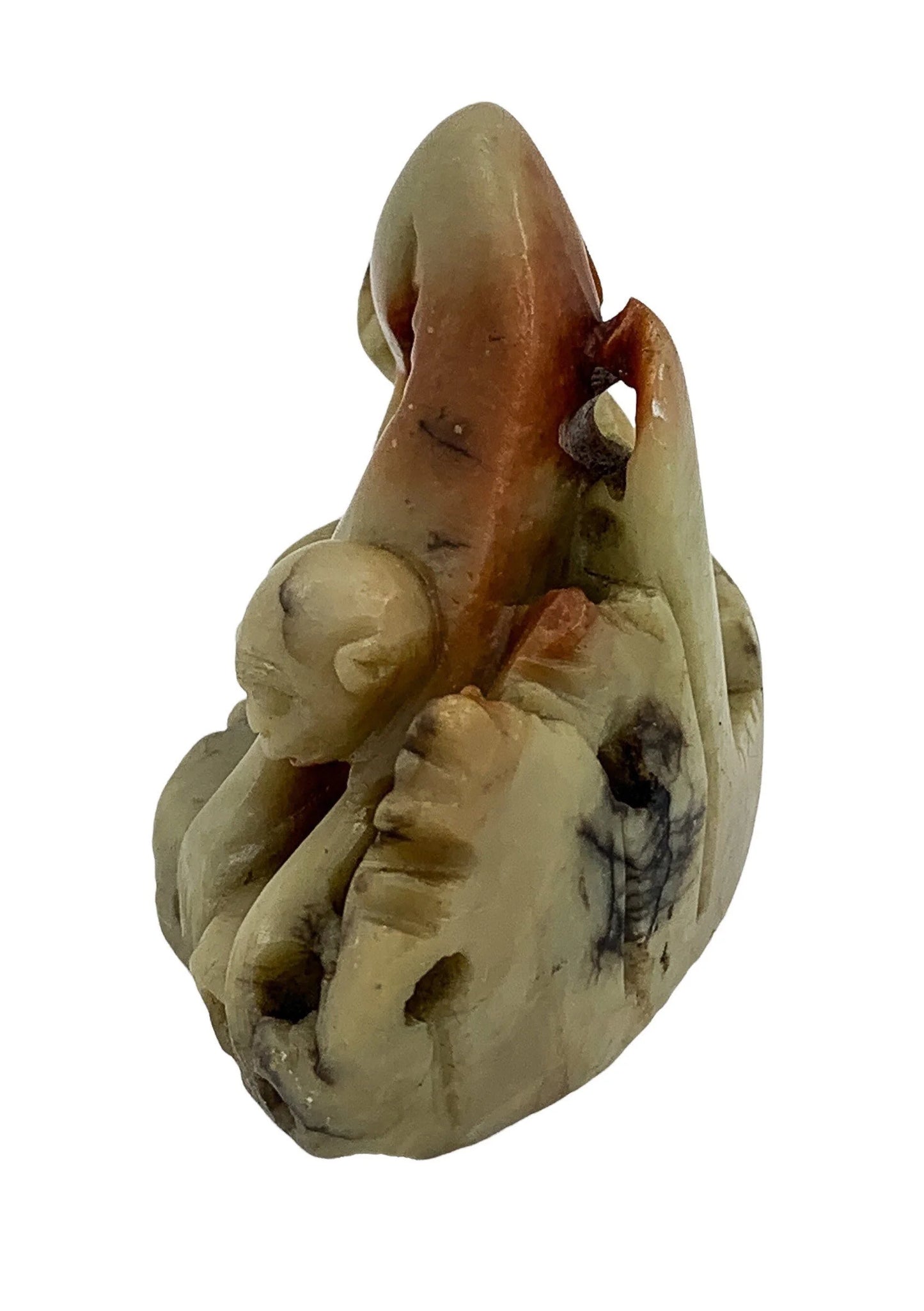 Chinese Republic red yellow soapstone figurine of small monkey on rocks