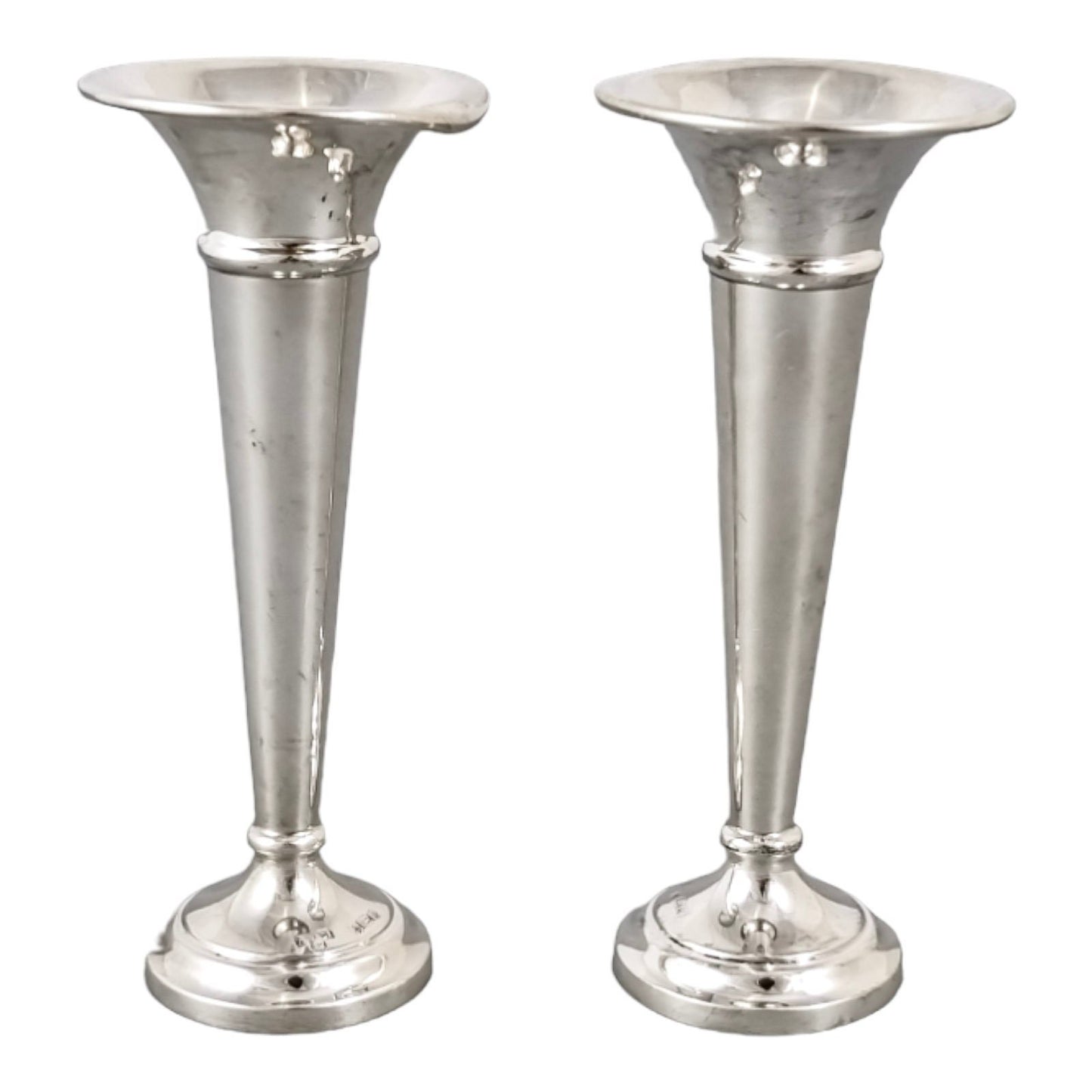 Vintage sterling silver pair 2 trumpet vases / specimen posy holders