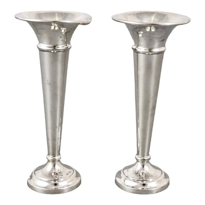 Vintage sterling silver pair 2 trumpet vases / specimen posy holders