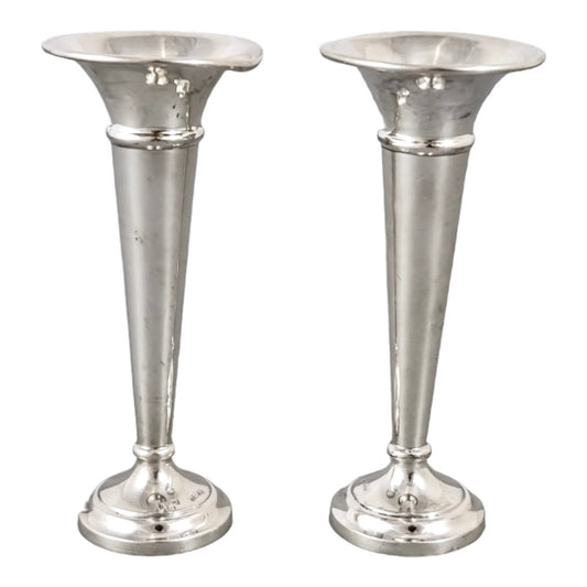 Vintage sterling silver pair 2 trumpet vases / specimen posy holders