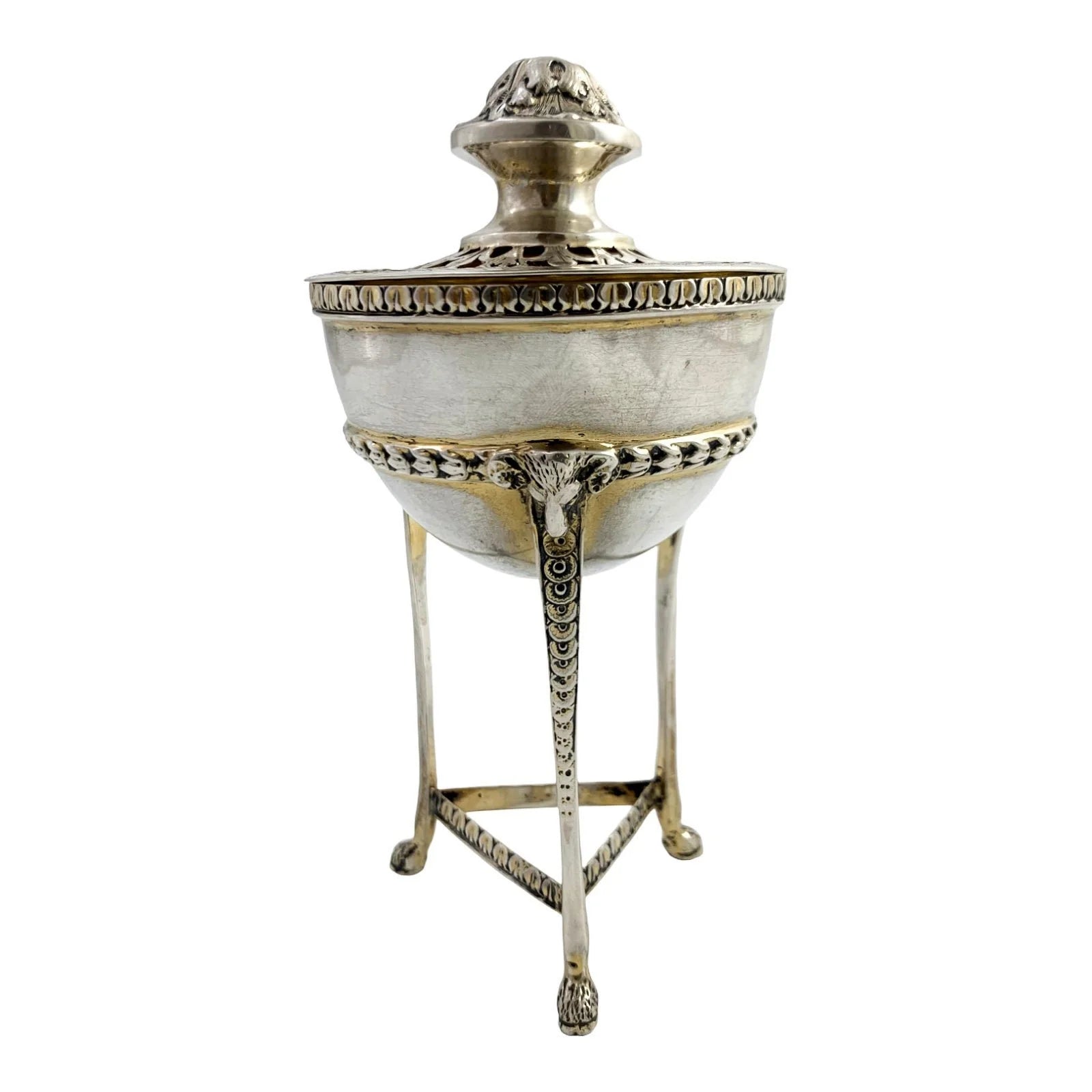 Neoclassical gilt sterling silver potpourri raised on hoof feet and cast with rams heads, Chester