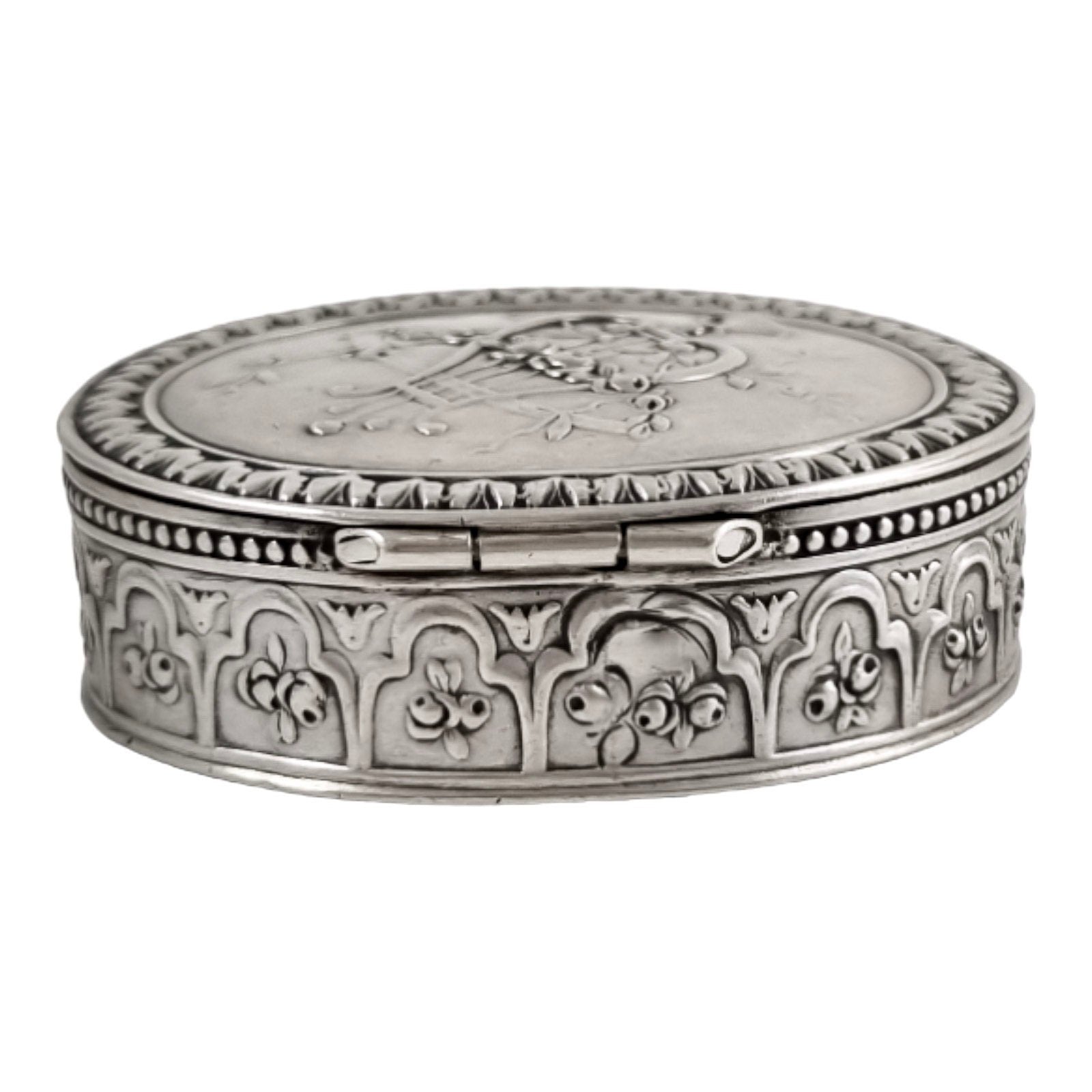Antique Continental gilt solid silver oval snuff / pill box embossed with lyre and flower garlands