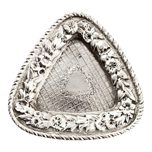 Edwardian sterling silver triangular trinket pin dish embossed with flowers, Deakin & Francis