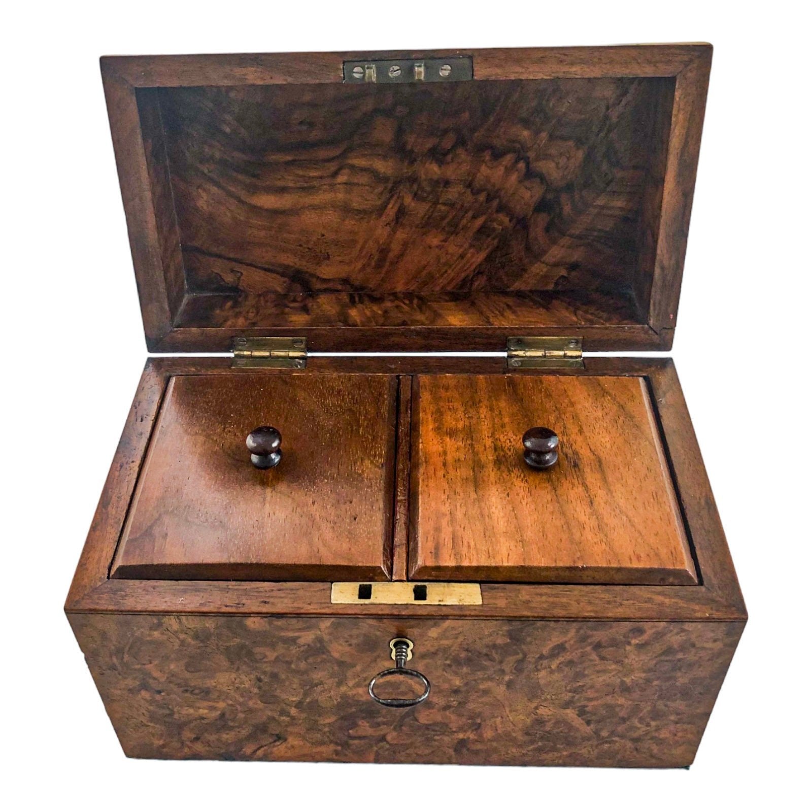 Victorian burr walnut two-section domed tea caddy with working key